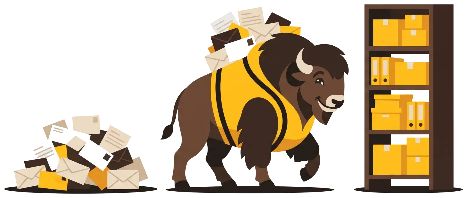 El bisonte carga los correos con pedidos y los deja ordenados en la estantería del ERP.