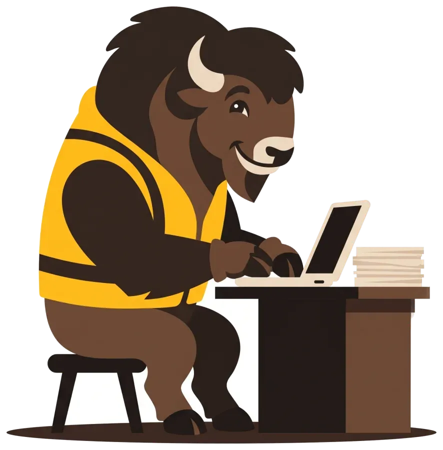 El bisonte trabaja con un portátil.